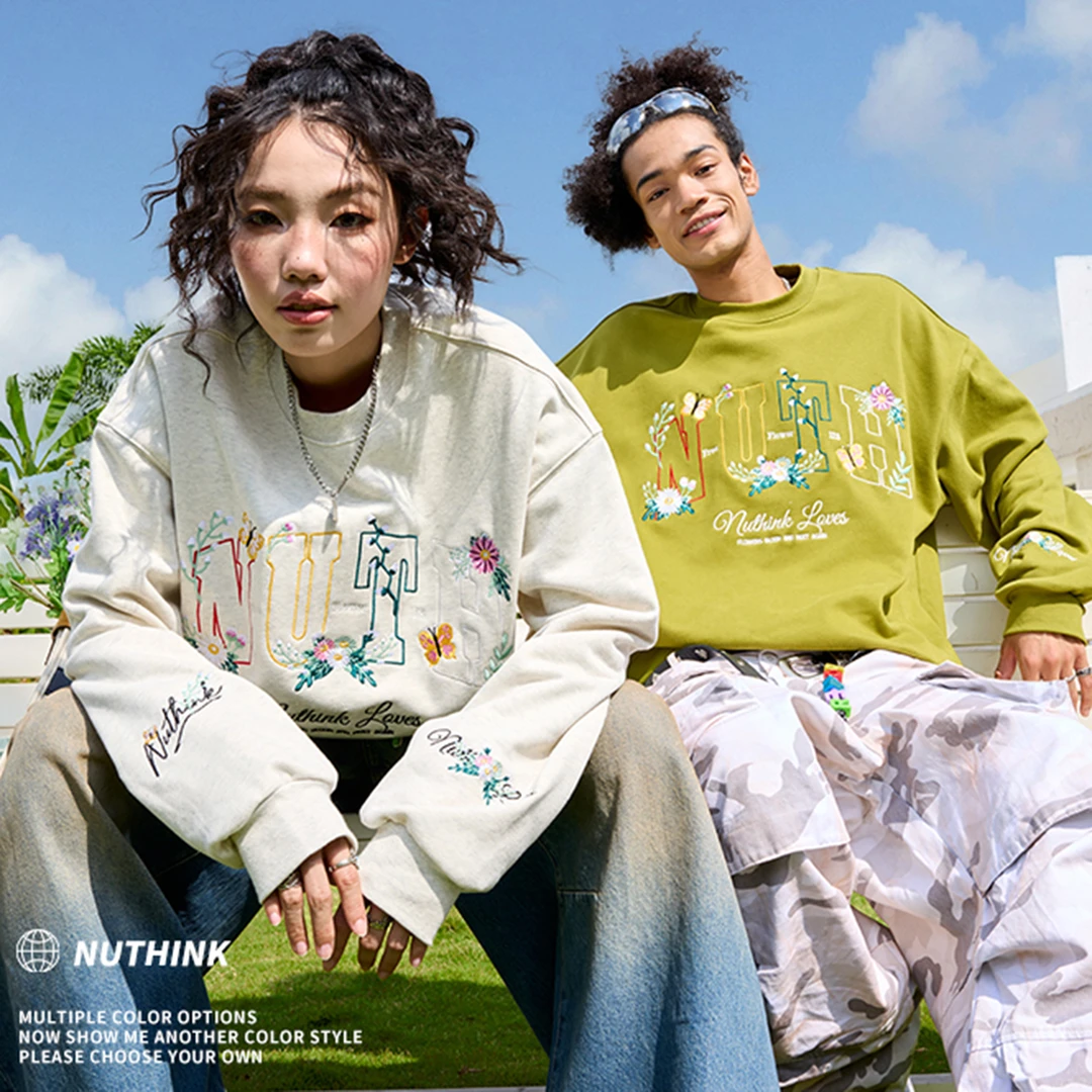 Nuthink美式复古刺绣花卉字母加绒圆领卫衣长袖潮牌男女冬季新款