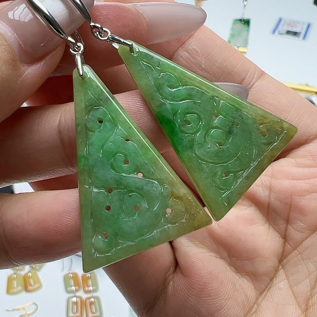 银S925镶嵌翡翠耳饰天然缅甸A货翡翠
