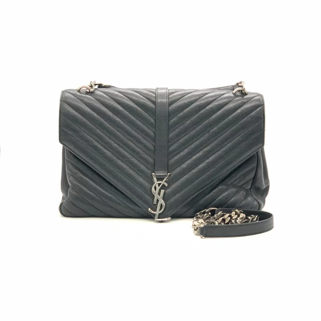 95新 YSL/圣罗兰 黑银大号college信封邮差包