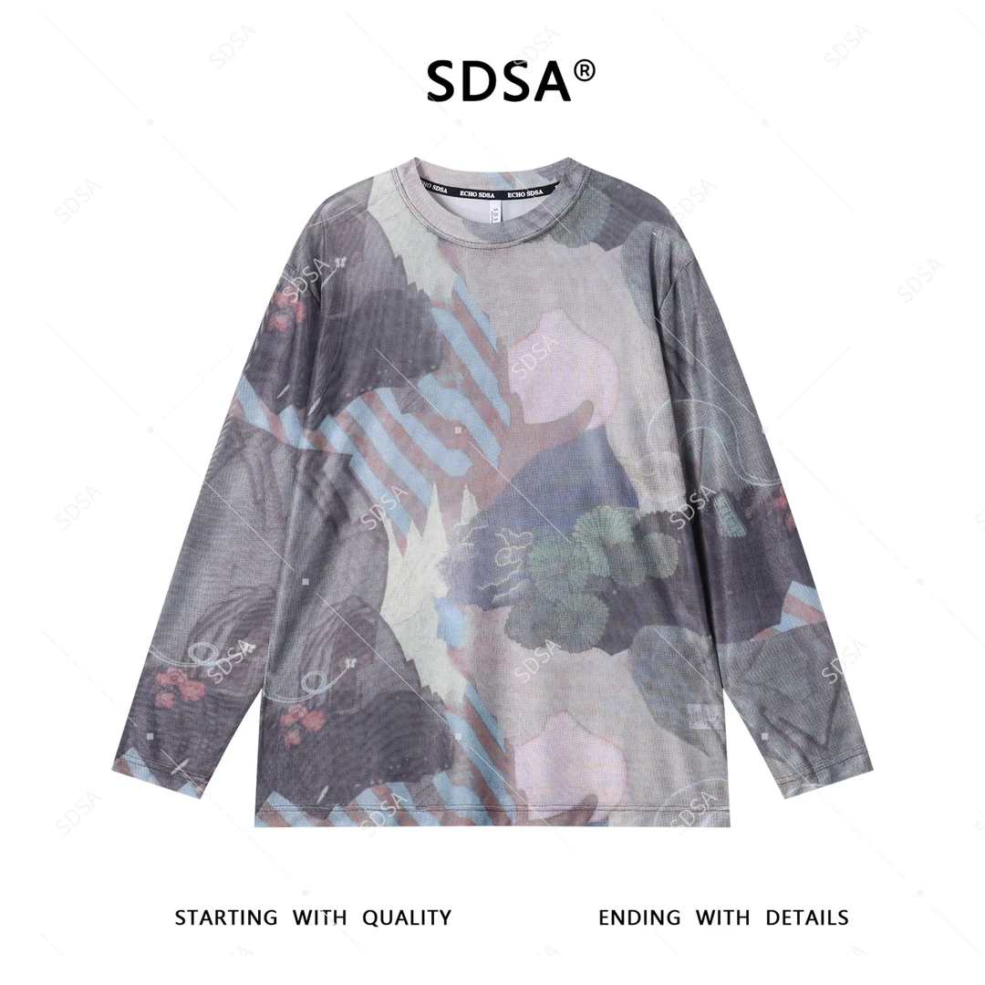 SDSA秋季新款男士痞帅简约休闲撞色花卉宽松圆领长袖T恤舒适百搭