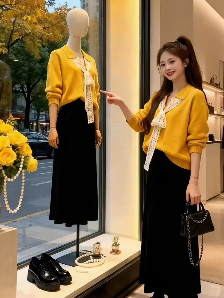 2025秋冬穿搭一整套女装爆款高级感黄色针织毛衣黑色裙子两件套装