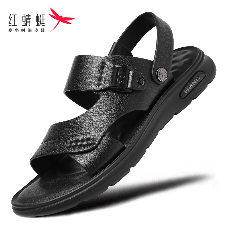 红蜻蜓沙滩鞋男士夏季新款真皮头层牛皮凉鞋拖鞋透气男软底中老年
