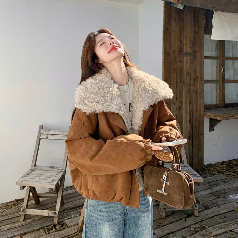 美拉德咖色圈圈毛派克服女2025冬季新款复古朋克风机车服棉服外套