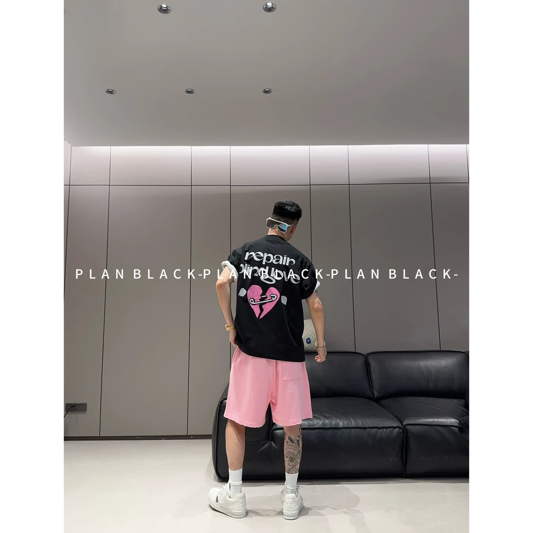 RICH陈发财【心碎黑粉】设计感印花！情侣同款小领口松弛T恤6834