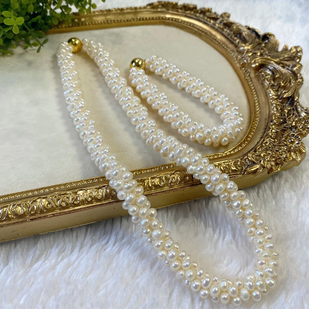 【山珊珠宝】毛毛虫淡水珍珠项链+手链套装（01092）时尚编织小米珠