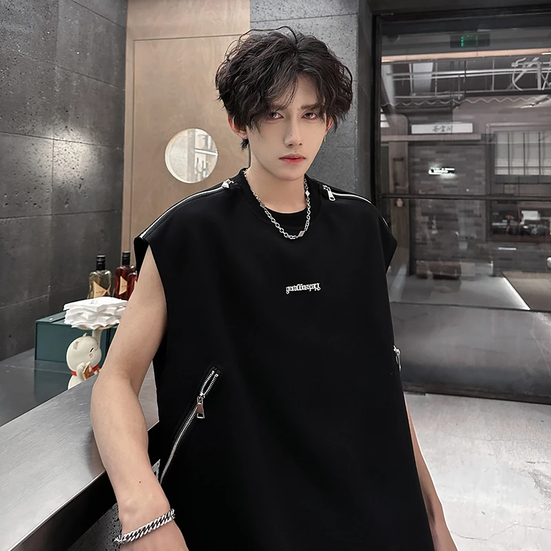 美式黑色无袖背心男款夏季重磅设计感拉链t恤高级感痞帅无袖坎肩