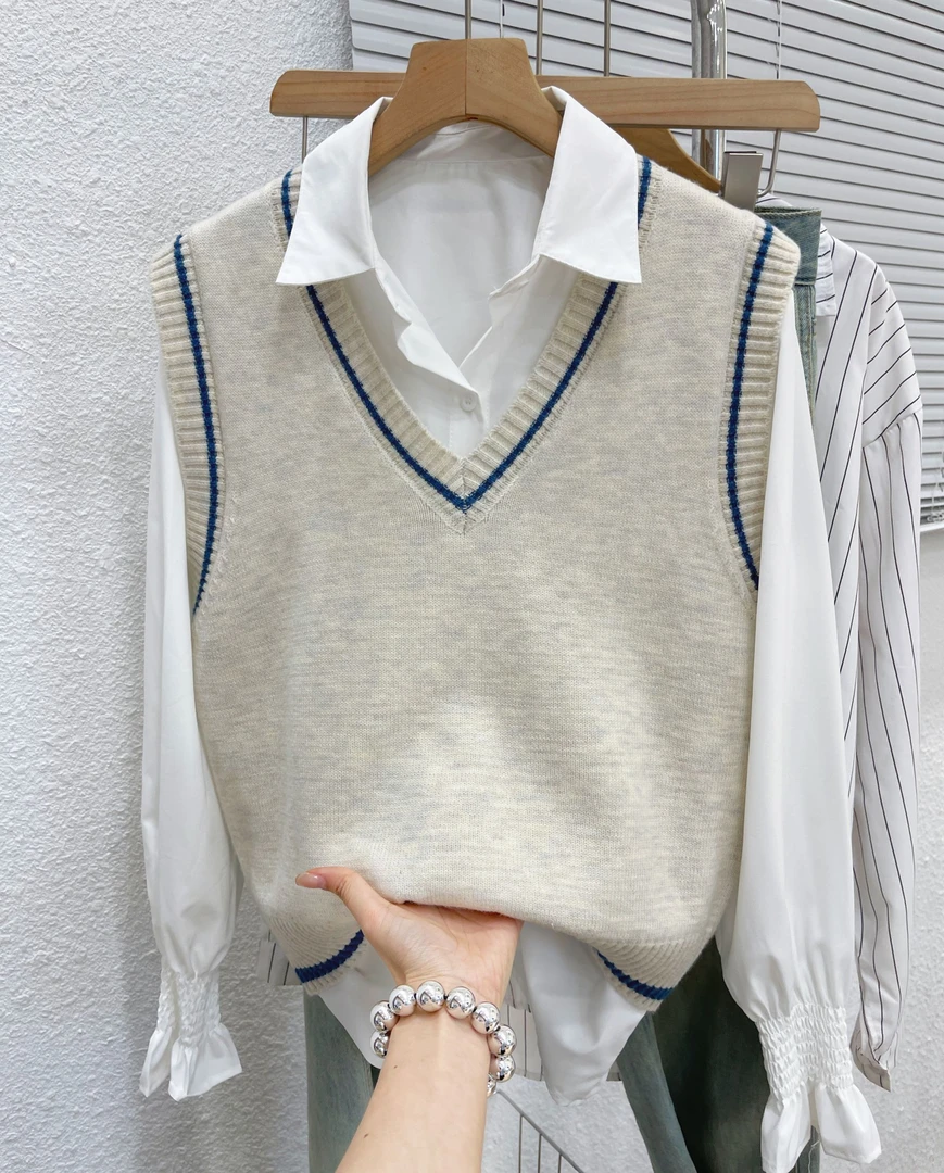 春季宽松文艺复古学院风无袖V领薄款套头马夹针织马甲背心女外穿