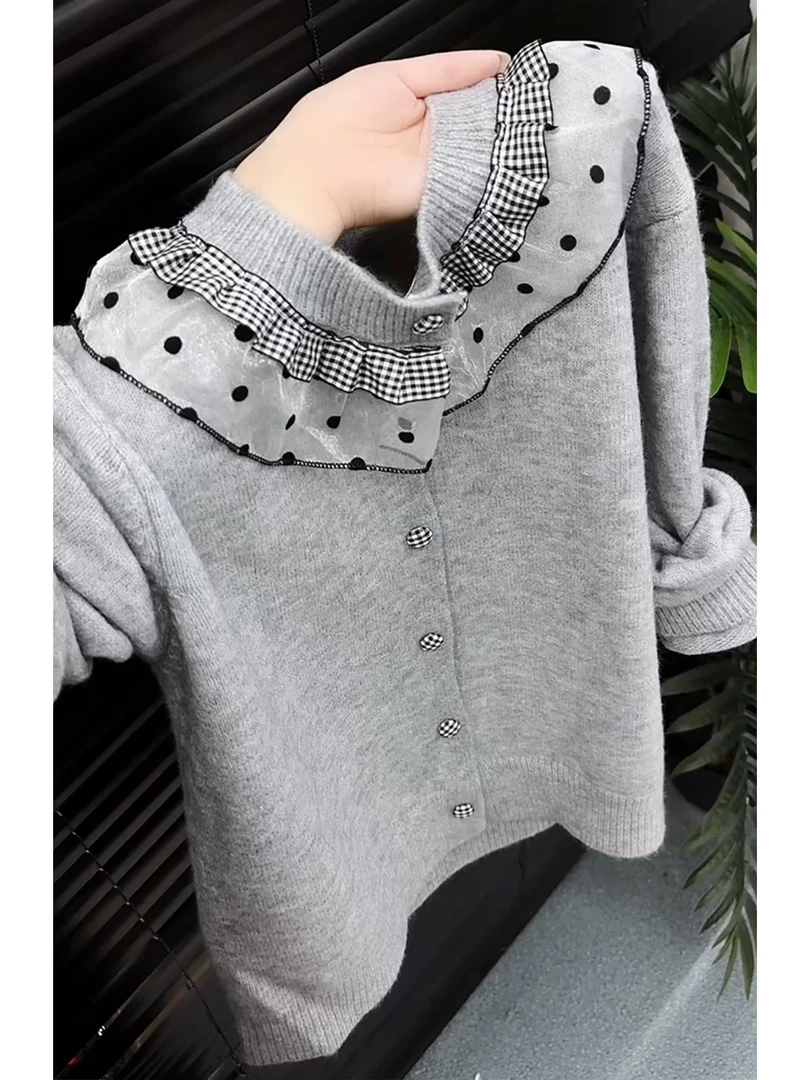 【现货】韩系时尚拼接设计灰色圆领针织开衫女2025秋冬新款洋气毛衣