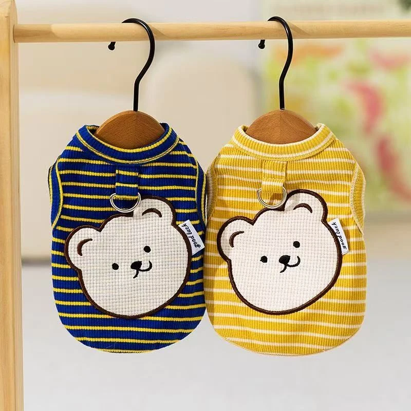 夏季薄款可爱歪嘴小熊条纹牵引背心小型幼犬比熊泰迪两脚透气衣服