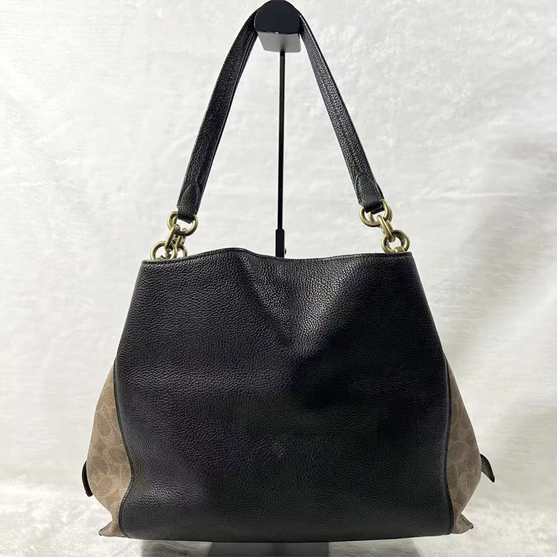 95新 COACH/蔻驰 黑皮拼老花托特包G24020008底长34*26单肩斜挎包