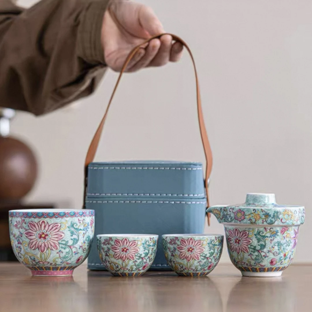 LH30-珐琅彩万花旅行茶具一壶三杯便携功夫茶具套装陶瓷手工白瓷