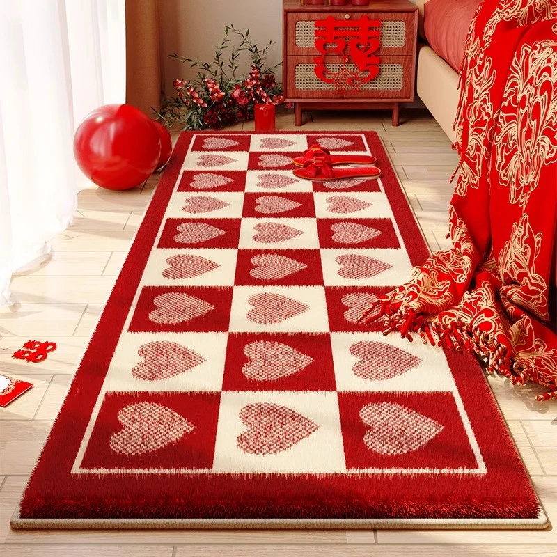 新中式地毯结婚卧室婚房床边毯加厚耐脏喜字脚垫地垫红色房间布置