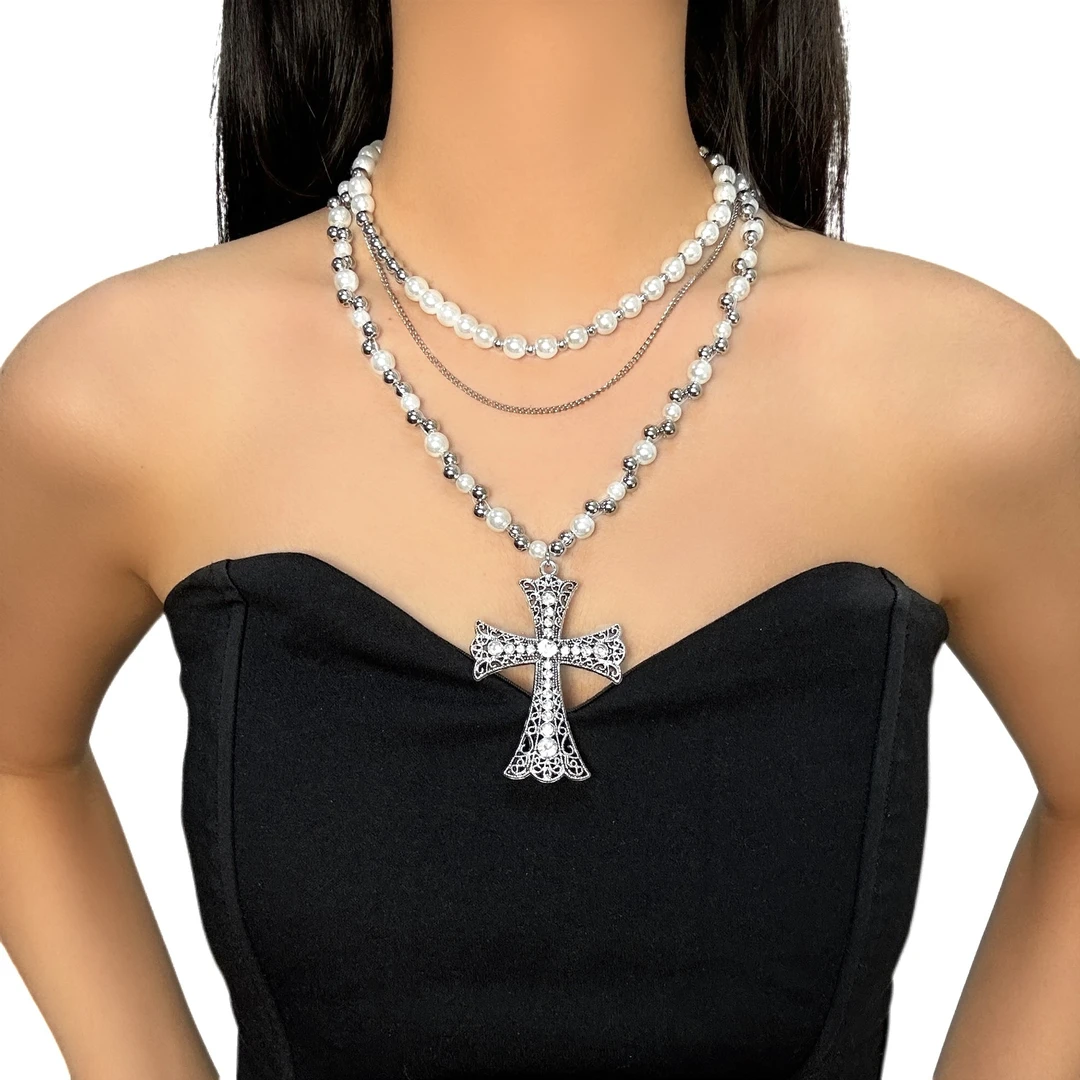 合金项链 欧美珍珠十字架项链女长款多层叠戴小众哥特亚比配饰