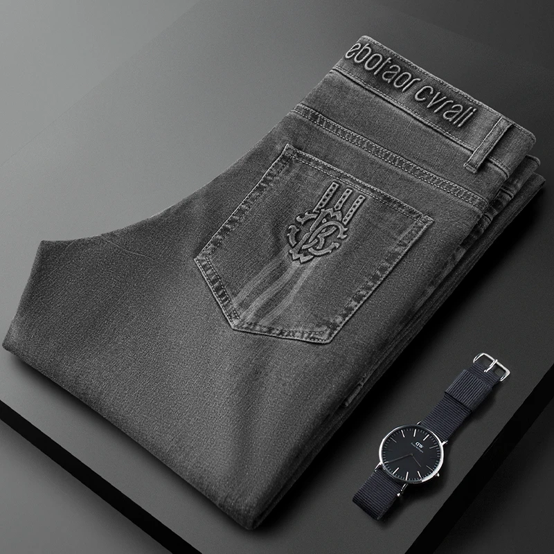 轻奢夏季薄款高端水洗黑灰色牛仔裤男士弹力修身小直筒压花休闲裤