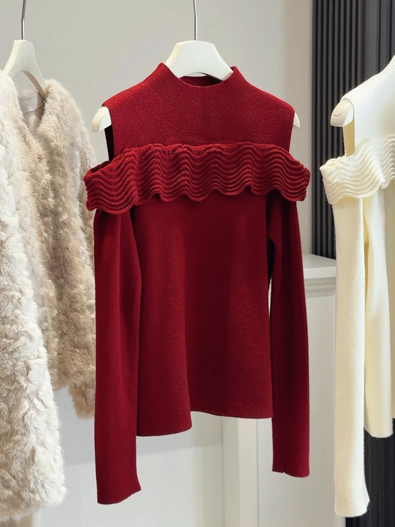 833圣诞半高领荷叶边露肩针织衫女2025新款秋冬季内搭毛衣上衣