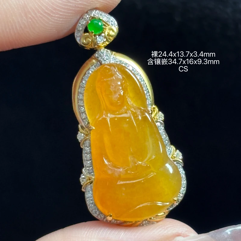 18K金镶嵌缅甸天然翡翠A货冰黄翡观音吊坠（下单咨询客服）CS