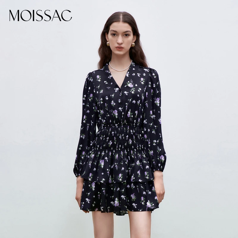 MOISSAC摩萨克商场同款蓝紫碎花打揽连衣裙MWDQ50052