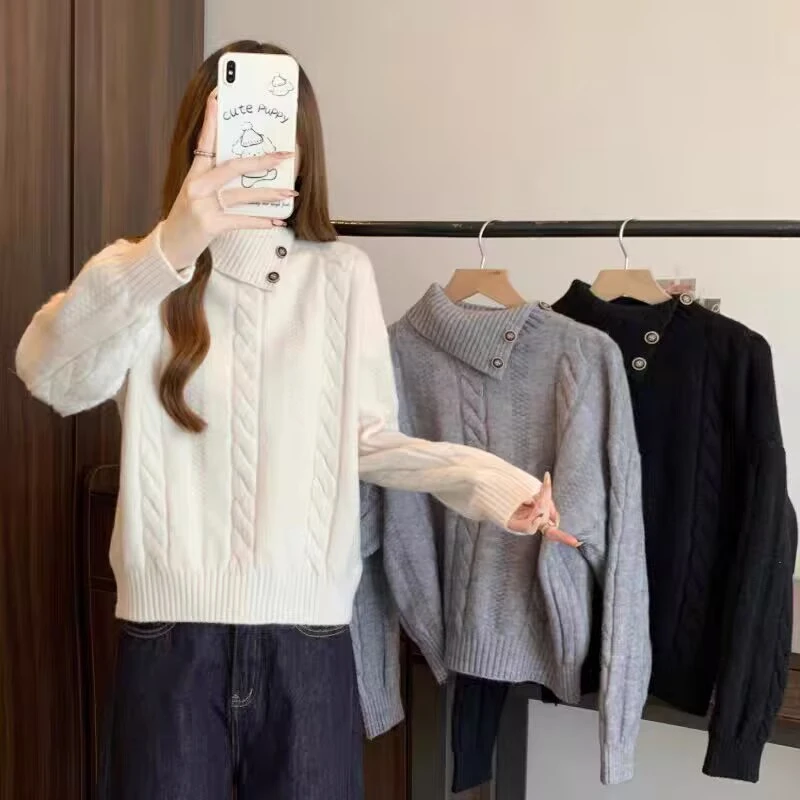 高级感超好看百搭麻花毛衣女秋冬纯色翻领独特针织衫上衣打底衫潮