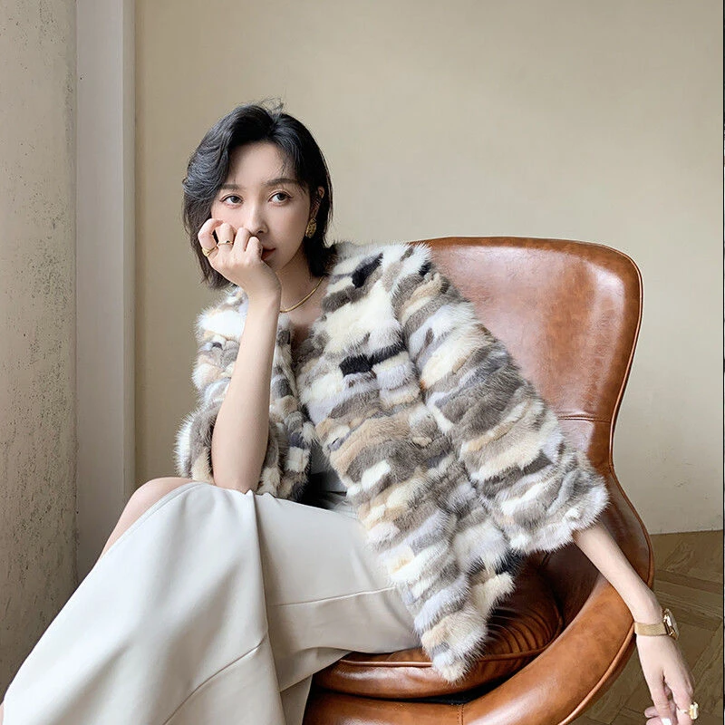 诺谰 时尚甜美水貂毛皮草女士貂皮大衣时尚百搭气质裘皮短款外套