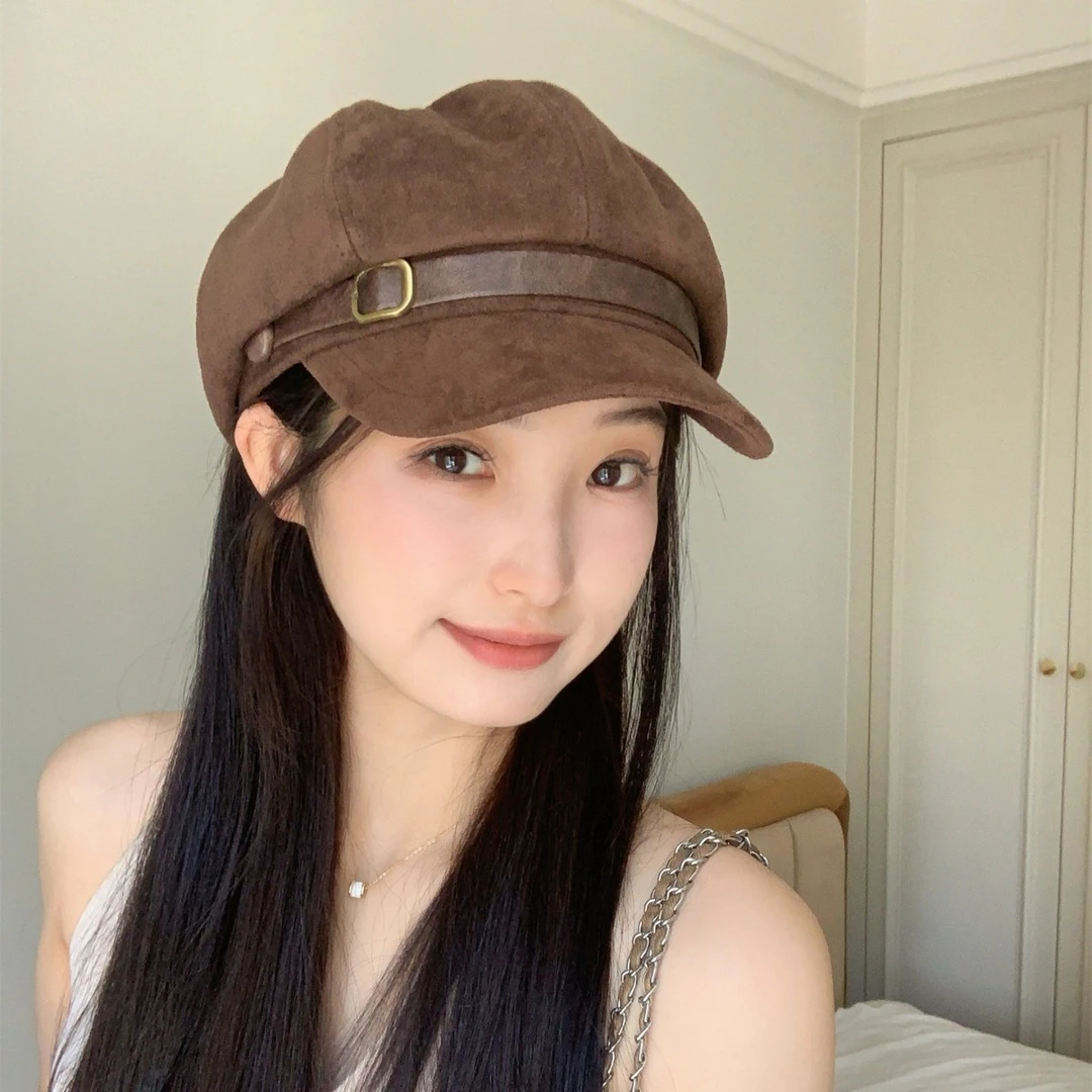 2025秋冬新款麂皮绒复古贝雷帽女韩系做旧潮气质时尚显脸小八角帽
