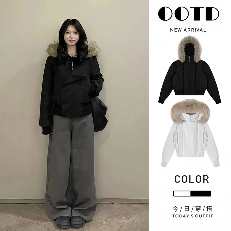 黑色连帽羽绒服女短款2025年冬季新款巨好看大毛领加厚派克服外套