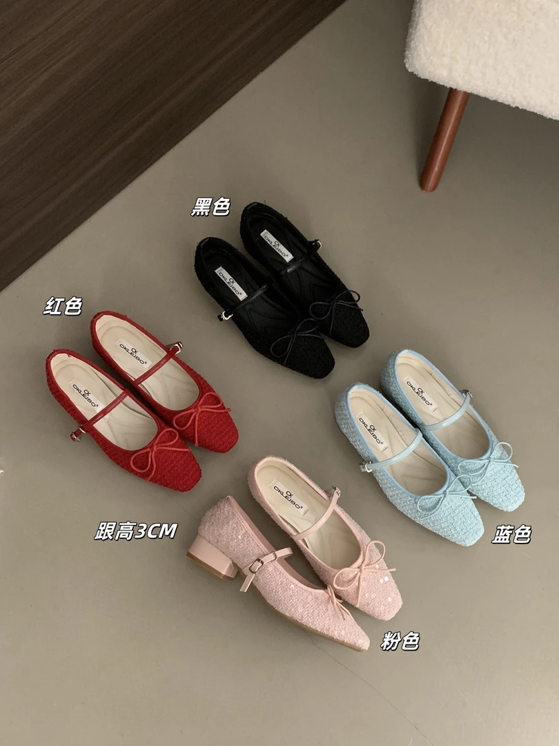 L  C666 2025新款小香风粗跟亮片蝴蝶结温柔一字带浅口玛丽珍单鞋