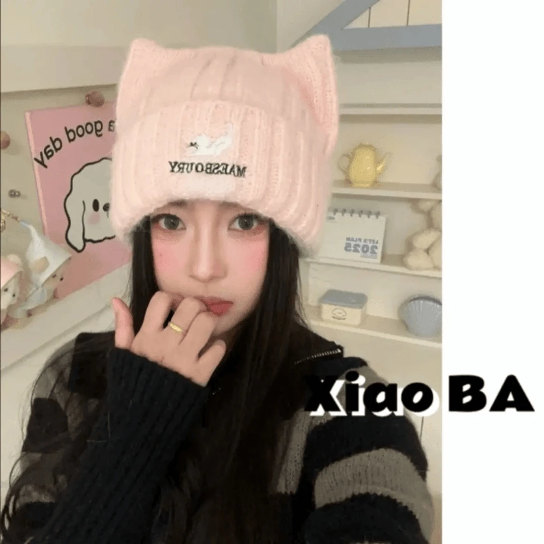 2025冬季新款粉色猫耳朵针织帽女冬季百搭时尚显脸小保暖包头帽子