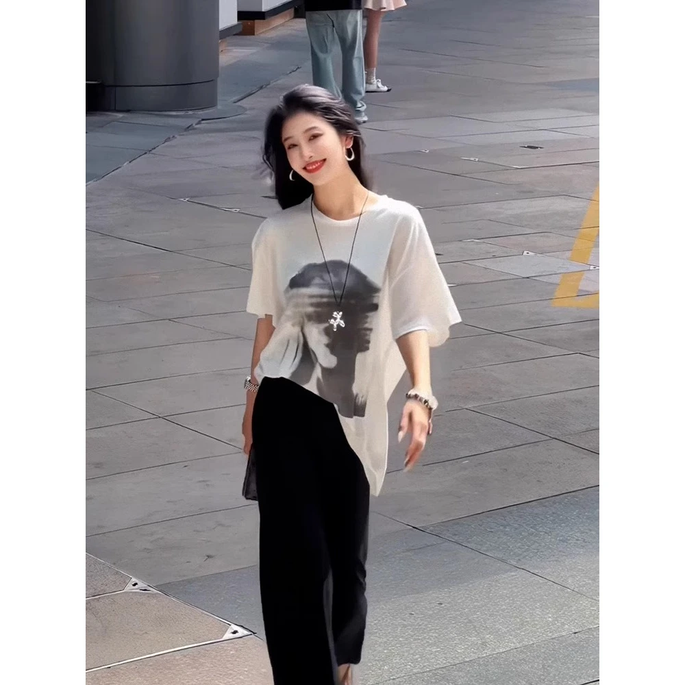 【夏季穿搭】时尚套装美式高街人像印花短袖t恤女高腰半身裙两件套