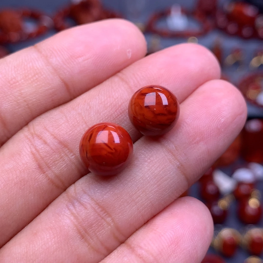 南红玛瑙18K金镶嵌珠宝奇石耳钉10.4mm