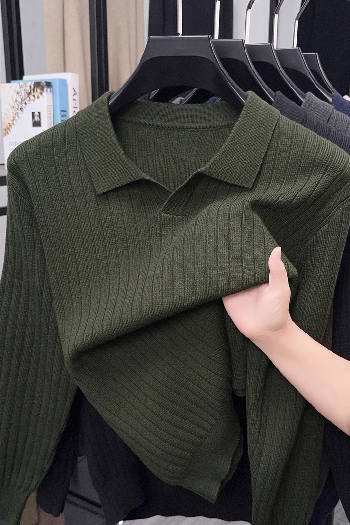 老钱风轻熟风条纹V领针织长袖polo衫男士秋季高级感通勤休闲3333