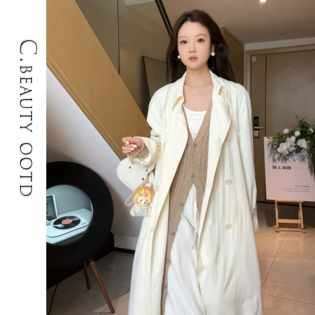 长袖中长款纯色长款女休闲风风衣气质时尚外套休闲设计师收腰