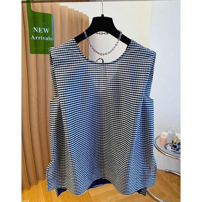 黑白格子无袖上衣女夏装2025新款超好看宽松别致独特露背洋气小衫