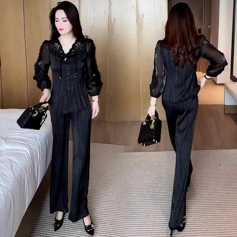 时尚套装女2025夏季新款洋气显瘦减龄长袖V领衬衫阔腿裤两件套潮