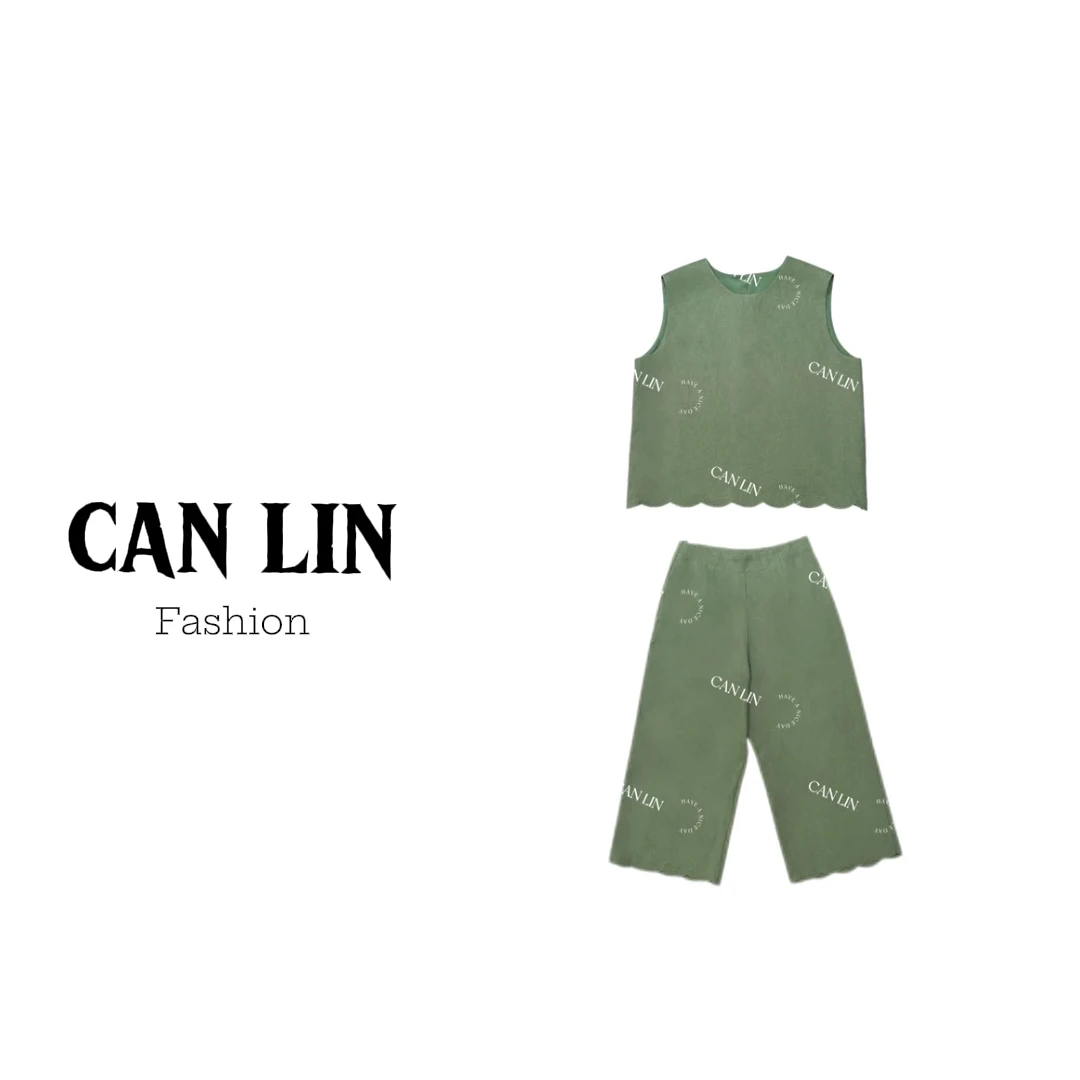 2025年夏季新款圆领设计感无袖马甲高腰直筒裤时尚亚麻套装女慵懒