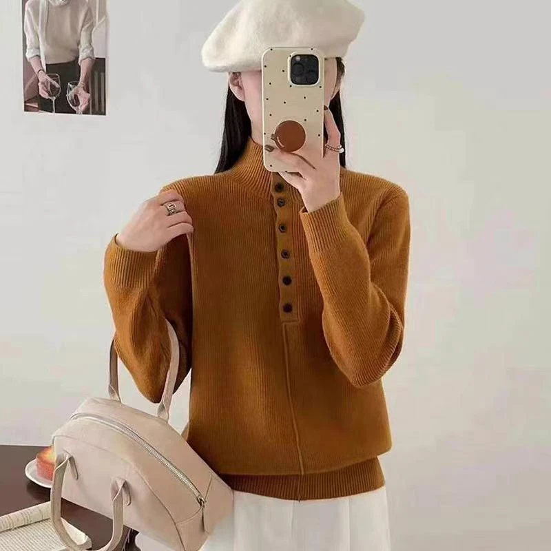 简约立领单排扣慵懒风宽松纯色高领长袖百搭针织衫毛衣