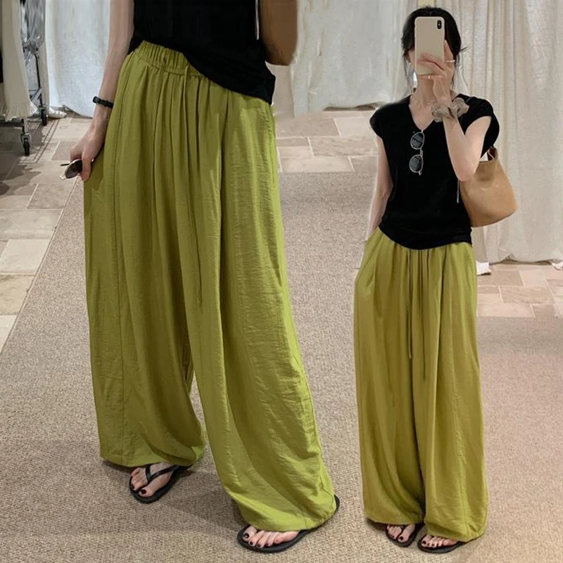 慵懒风女装长裤冰丝凉凉抽绳裤子夏季薄款垂坠感阔腿裤高腰休闲裤
