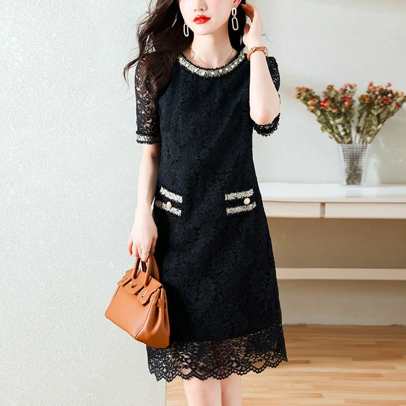 法式小香风蕾丝连衣裙女夏2025新款胖mm时尚拼接宽松
