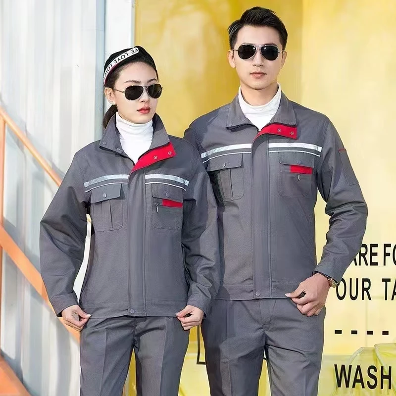 耐磨春秋季套装反光条上衣裤子立领方领男士长袖工作春秋工装制服