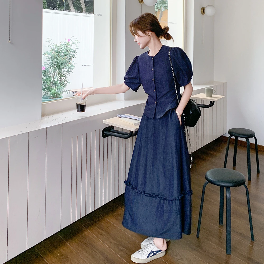 蓝色泡泡袖掐腰短袖上衣半身裙套装女夏2025新款韩系气质薄款ootd