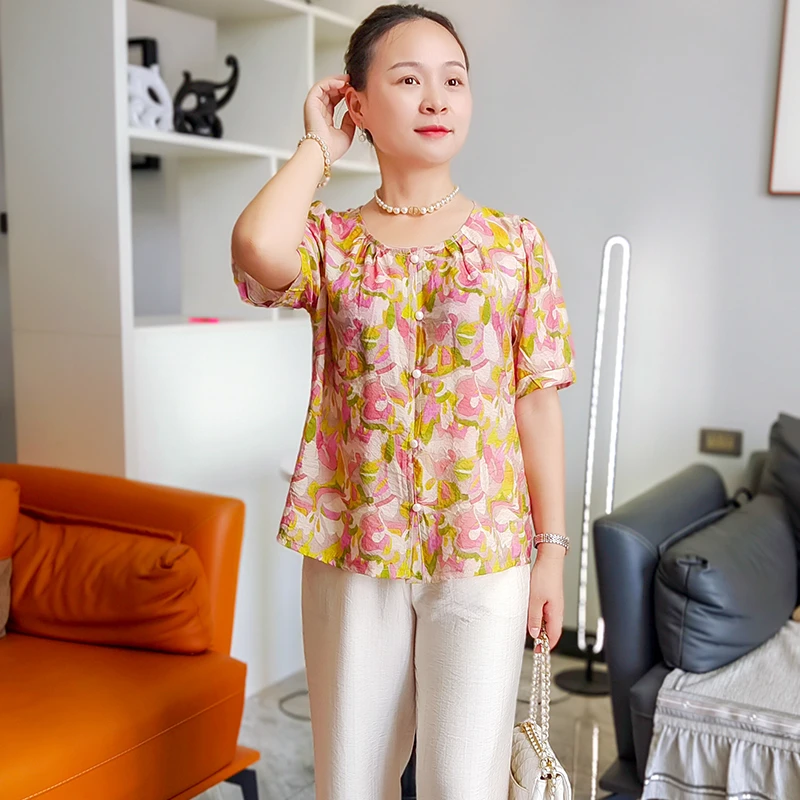 夏季薄款常规显瘦休闲风圆领洋气中老年女装妈妈装宽松套装