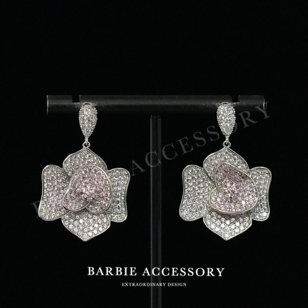 铜合金合成锆石耳饰 【花银玫瑰】时尚轻奢设计款高级绝美百搭耳环