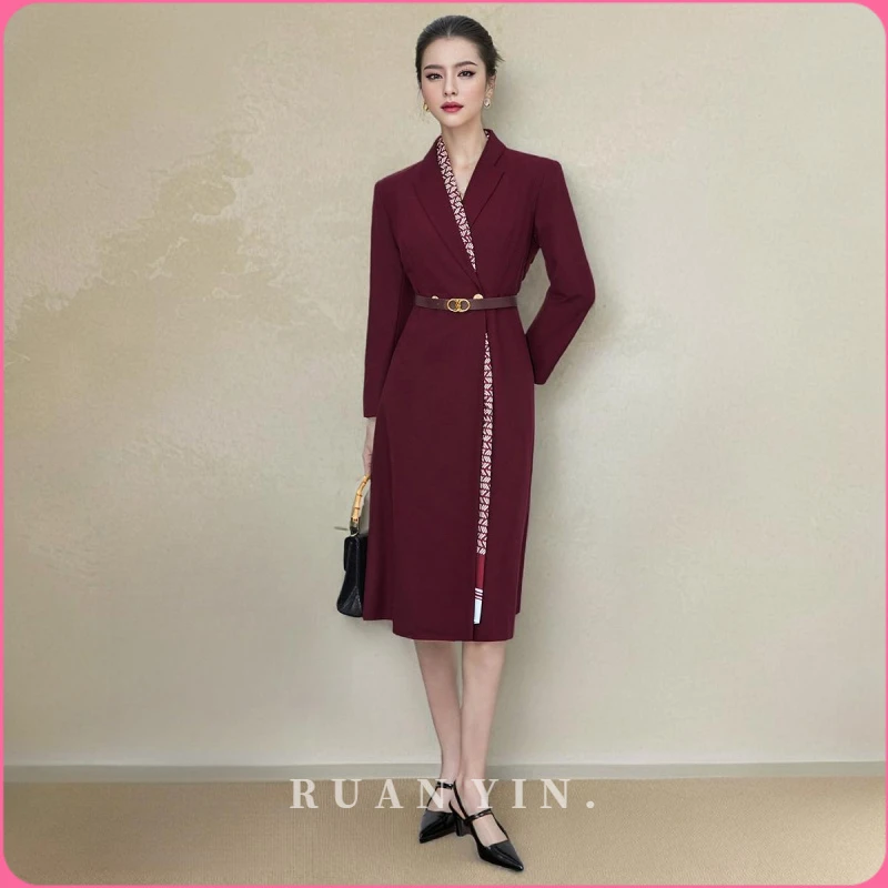 RUAN YIN安哥拉红西装连衣裙女收腰显瘦通勤优雅知性高级感中长裙
