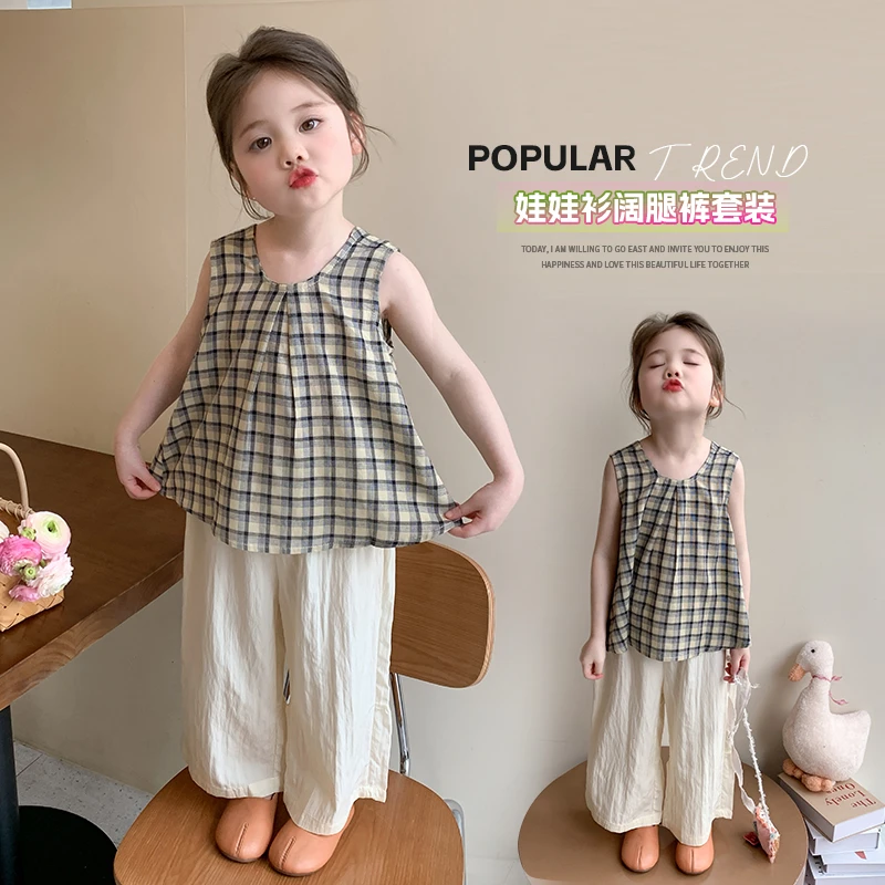 女童夏季套装2025新款洋气女宝宝背心阔腿裤两件套田园风夏装薄款