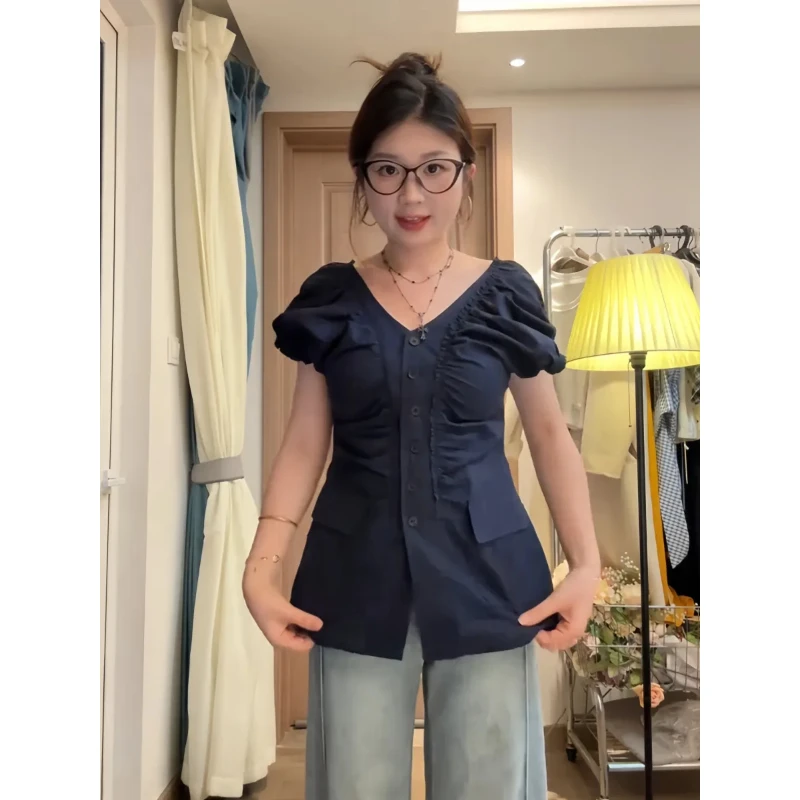 大码胖mm法式纯欲风v领短袖衬衫夏季新款时尚特别漂亮的掐腰上衣