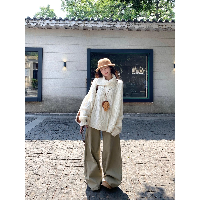 MissCocoli可可里小姐加厚翻领麻花毛衣加绒阔腿牛仔裤时尚套装女