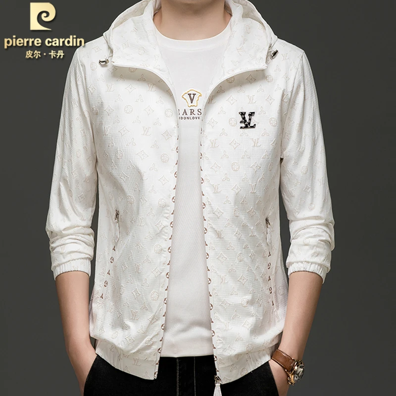 皮尔卡丹高级感连帽白色夹克休闲外套男士时尚百搭2025春秋季新款