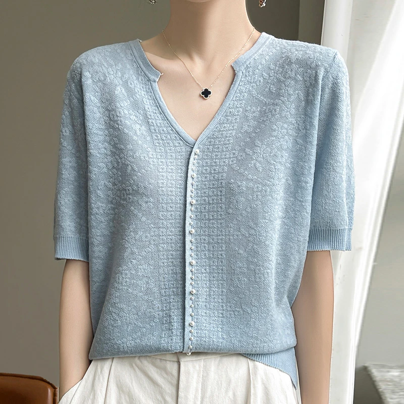 哥弟阿玛施正品夏季新款法式优雅V领钉珠中袖蕾丝镂空气质短袖女