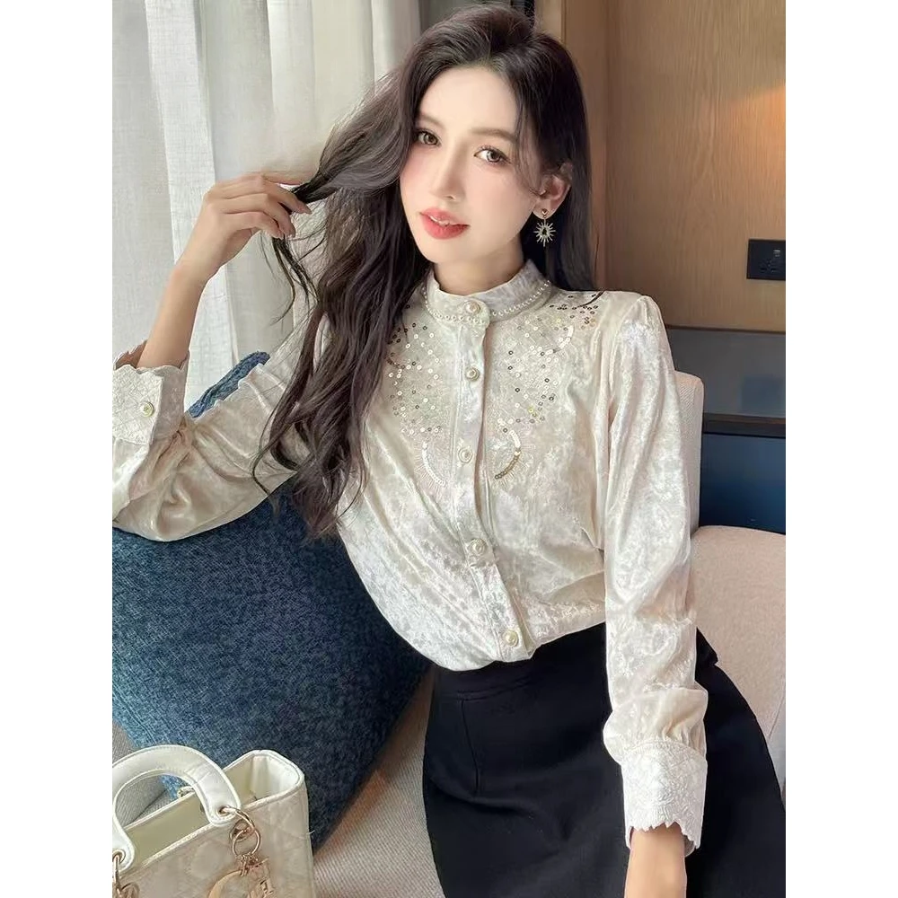 【786】法式气质立领长袖丝绒衬衫女秋季新款时尚洋气减龄打底衫