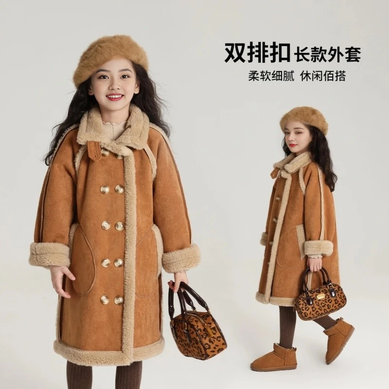 女童外套2025新款秋冬款儿童皮毛一体长款毛呢女大童加绒呢子大衣