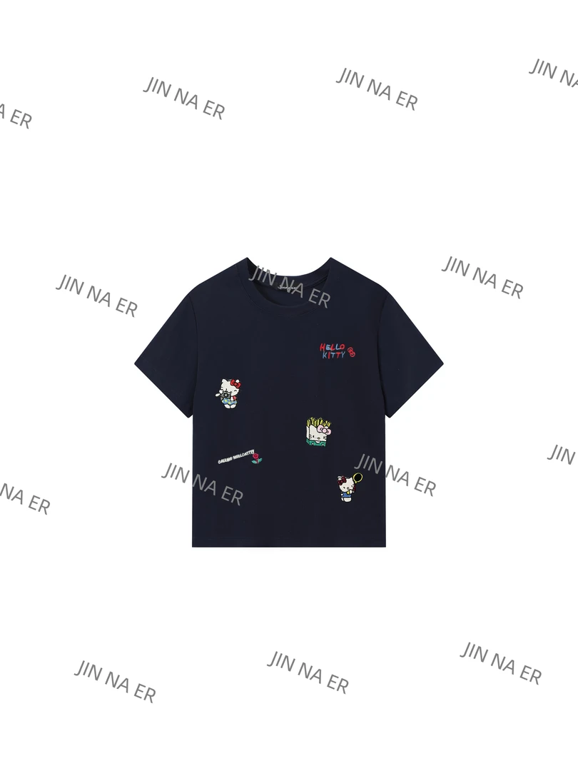 25年早春新款{【凯蒂猫】时尚百搭减龄圆领修身圆领刺绣短袖T恤